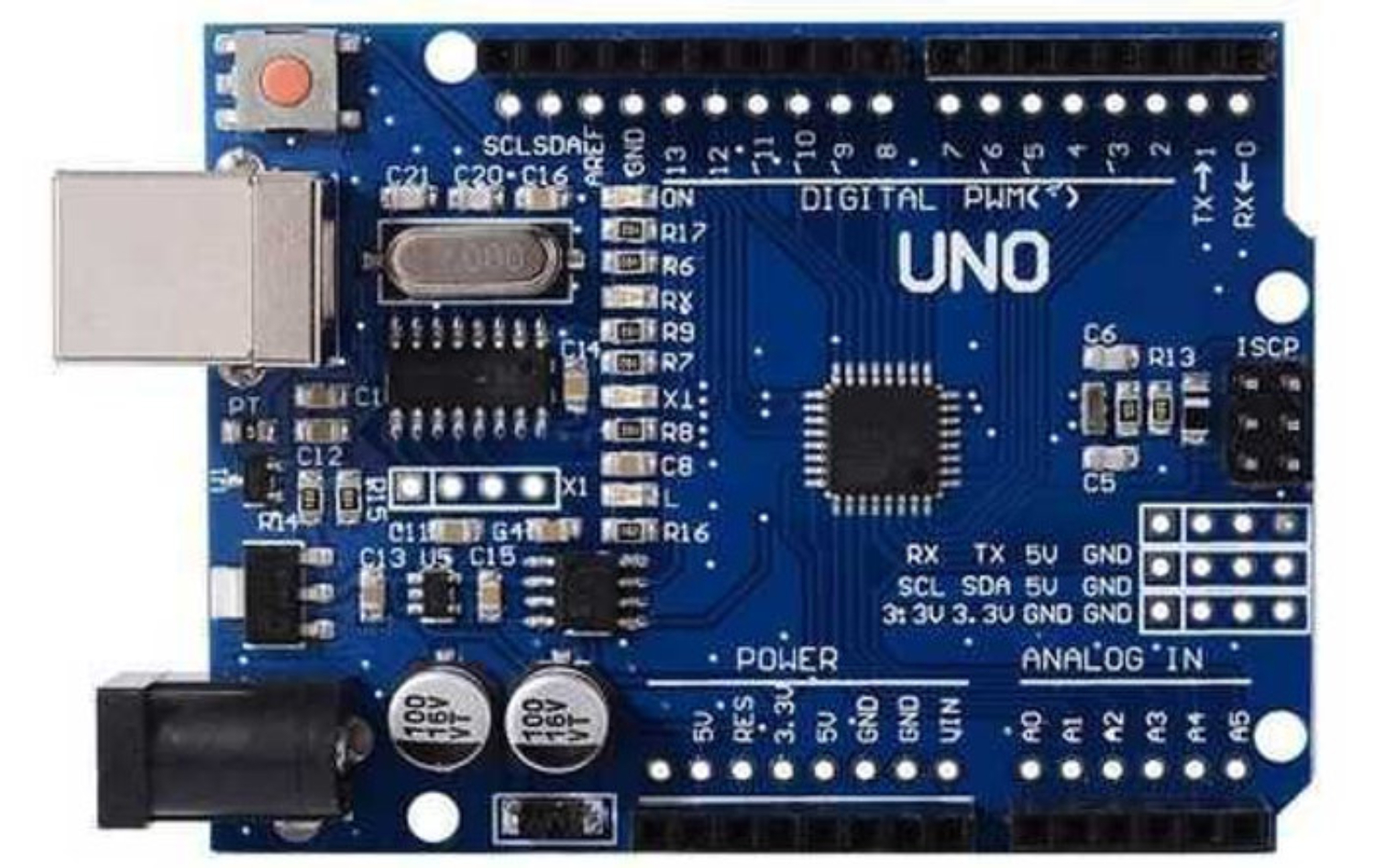 Tishvi UNO R3 SMD board — top view showing flat square ATmega328P chip soldered to board with no visible legs